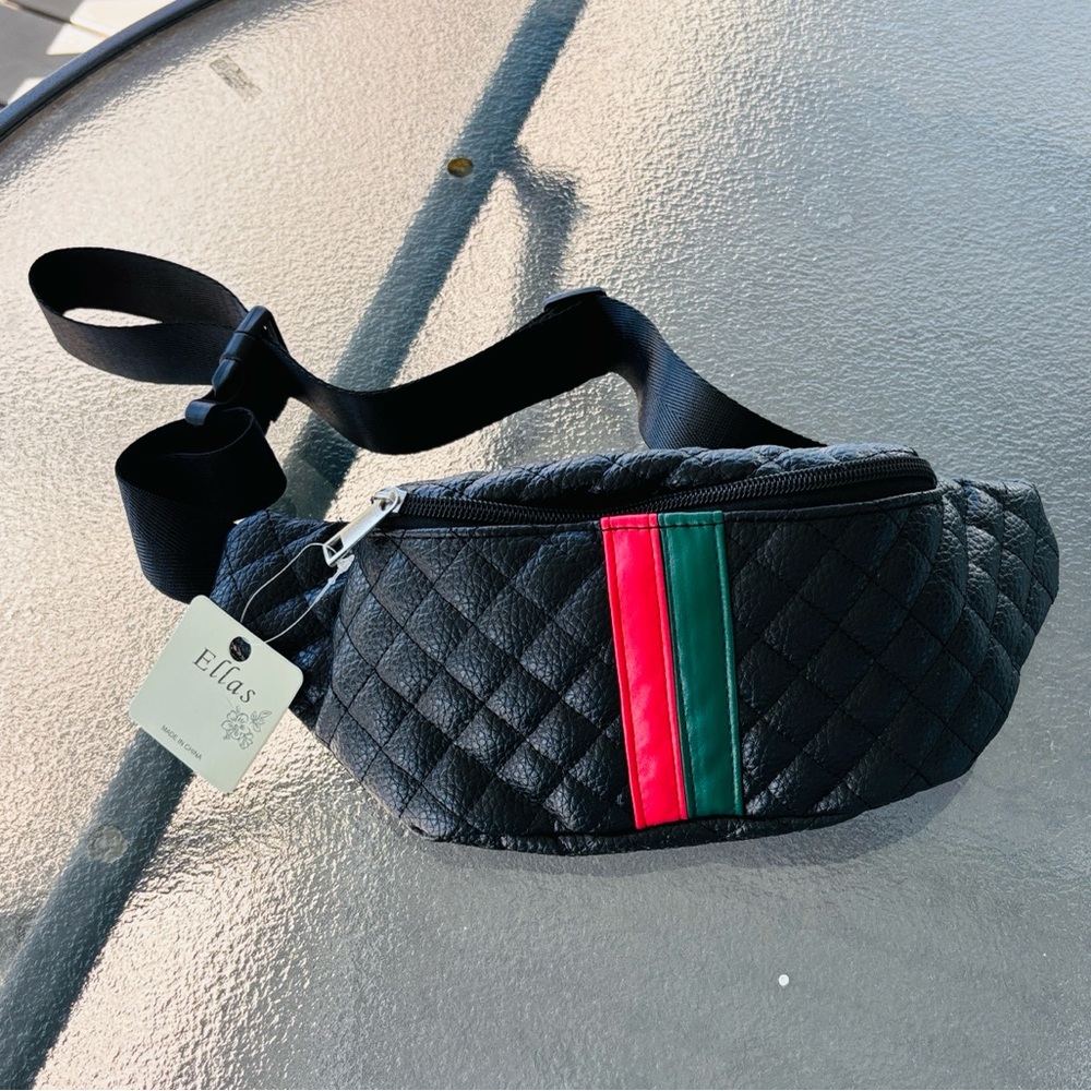 Ella Quilted Black Waist Bag with Red and Green Stripe